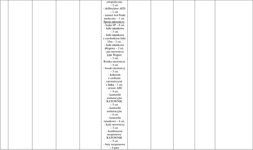 - bosak ratowniczy 3 szt. - kołowrót z szelkami ratowniczymi z linką 1 szt. - zestaw ABC 4 szt. - kamizelki asekuracyjne RATOWNIK 5 szt.