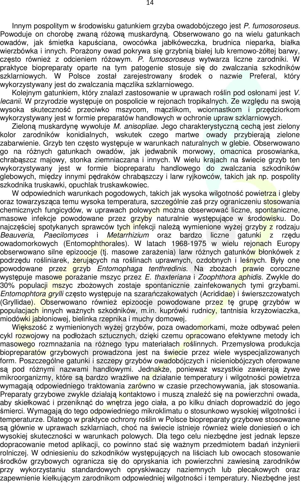 PoraŜony owad pokrywa się grzybnią białej lub kremowo-ŝółtej barwy, często równieŝ z odcieniem róŝowym. P. fumosoroseus wytwarza liczne zarodniki.
