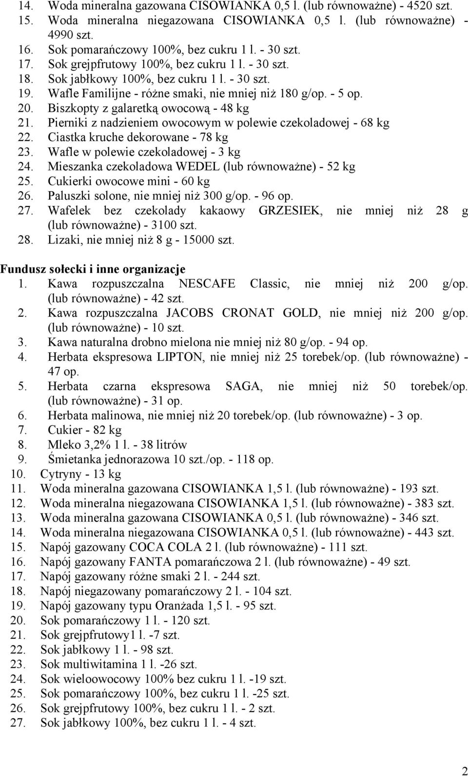 Biszkopty z galaretką owocową - 48 kg 21. Pierniki z nadzieniem owocowym w polewie czekoladowej - 68 kg 22. Ciastka kruche dekorowane - 78 kg 23. Wafle w polewie czekoladowej - 3 kg 24.