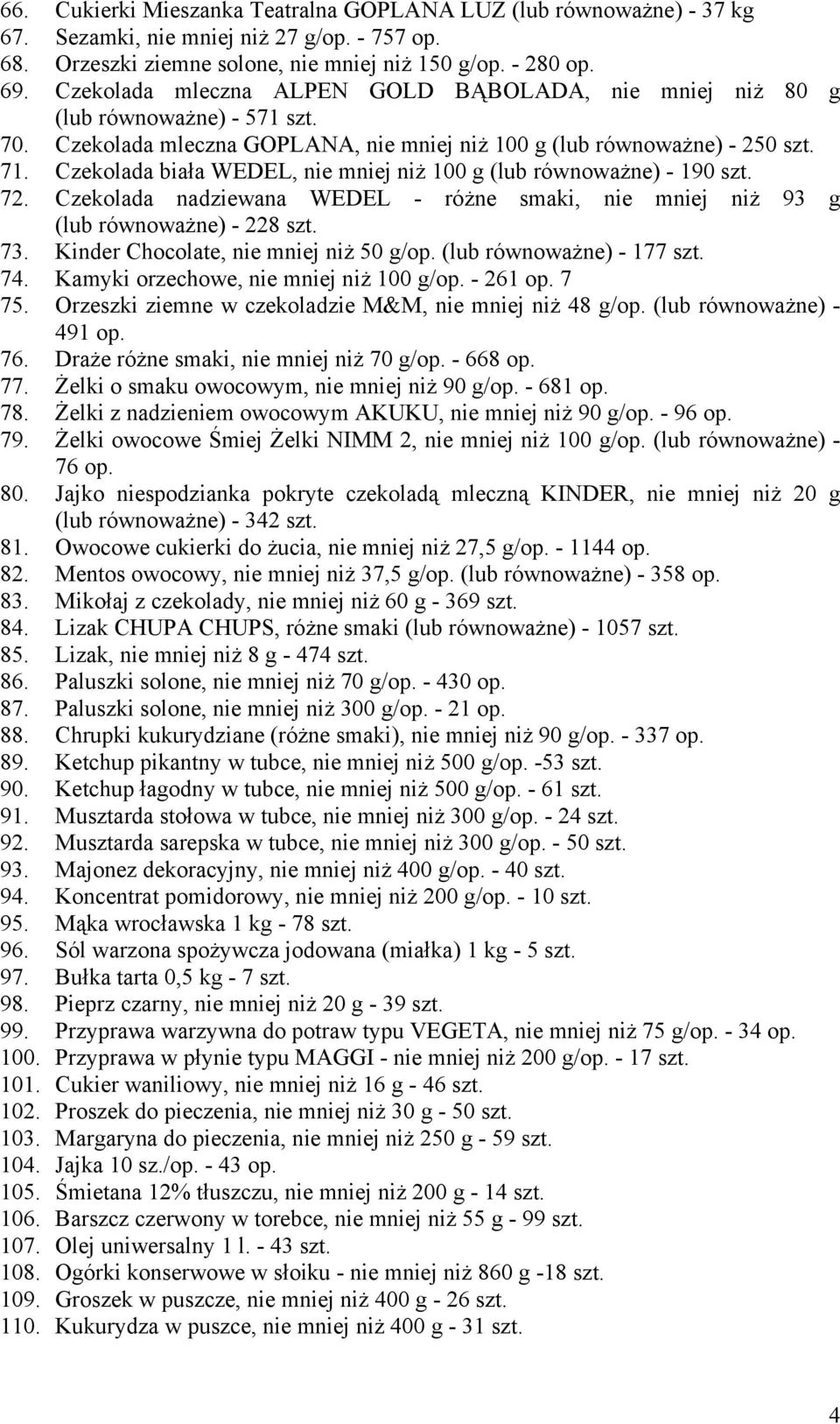 Czekolada biała WEDEL, nie mniej niż 100 g (lub równoważne) - 190 szt. 72. Czekolada nadziewana WEDEL - różne smaki, nie mniej niż 93 g (lub równoważne) - 228 szt. 73.