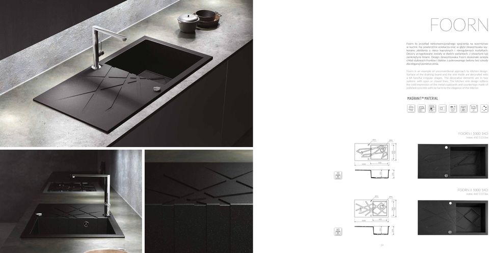 Design zlewozmywaka Foorn doskonale ociepla chłód stalowych frontów i blatów z polerowanego betonu bez szkody dla elegancji pomieszczenia.