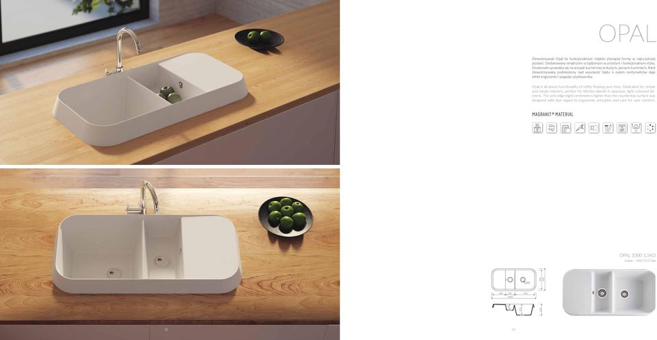 Rant zlewozmywaka podniesiony nad wysokość blatu o osiem centymetrów daje efekt ergonomii i wygody użytkownika. Opal is all about functionality of softly flowing pure lines.