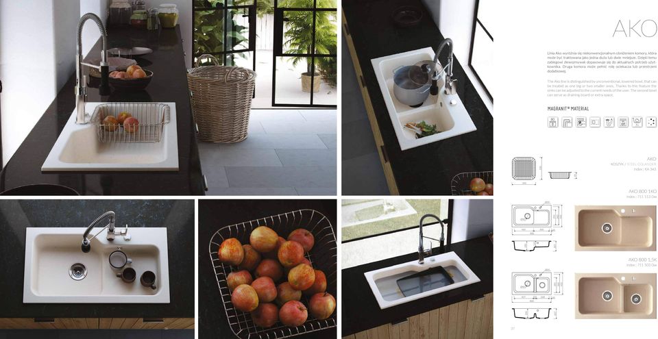 The Ako line is distinguished by unconventional, lowered bowl, that can be treated as one big or two smaller ones.