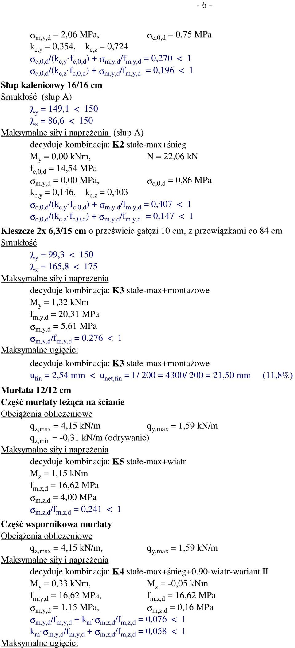 0,146, k c,z = 0,403 σ c,0,d /(k c,y f c,0,d ) + σ m,y,d /f m,y,d = 0,407 < 1 σ c,0,d /(k c,z f c,0,d ) + σ m,y,d /f m,y,d = 0,147 < 1 Kleszcze 2x 6,3/15 cm o prześwicie gałęzi 10 cm, z przewiązkami