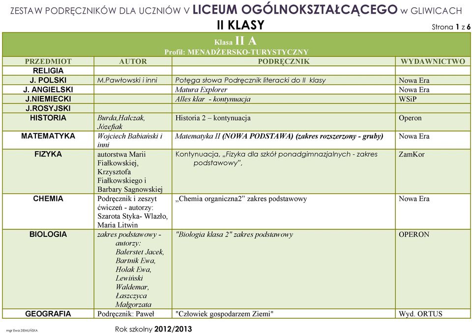 ROSYJSKI HISTORIA Burda,Halczak, MATEMATYKA Wojciech Babiański i inni FIZYKA autorstwa Marii Fiałkowskiej, Krzysztofa Fiałkowskiego i Barbary Sagnowskiej CHEMIA