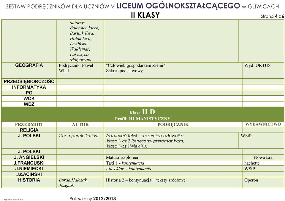 klasa I- cz.2 Renesans- preromantyzm, klasa II-cz.1Wiek XIX J. LSKI J.