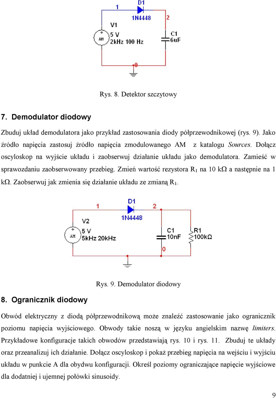 Zamieść w sprawozdaniu zaobserwowany przebieg. Zmień wartość rezystora R 1 na 10 k a następnie na 1 k. Zaobserwuj jak zmienia się działanie układu ze zmianą R 1. Rys. 9. Demodulator diodowy 8.