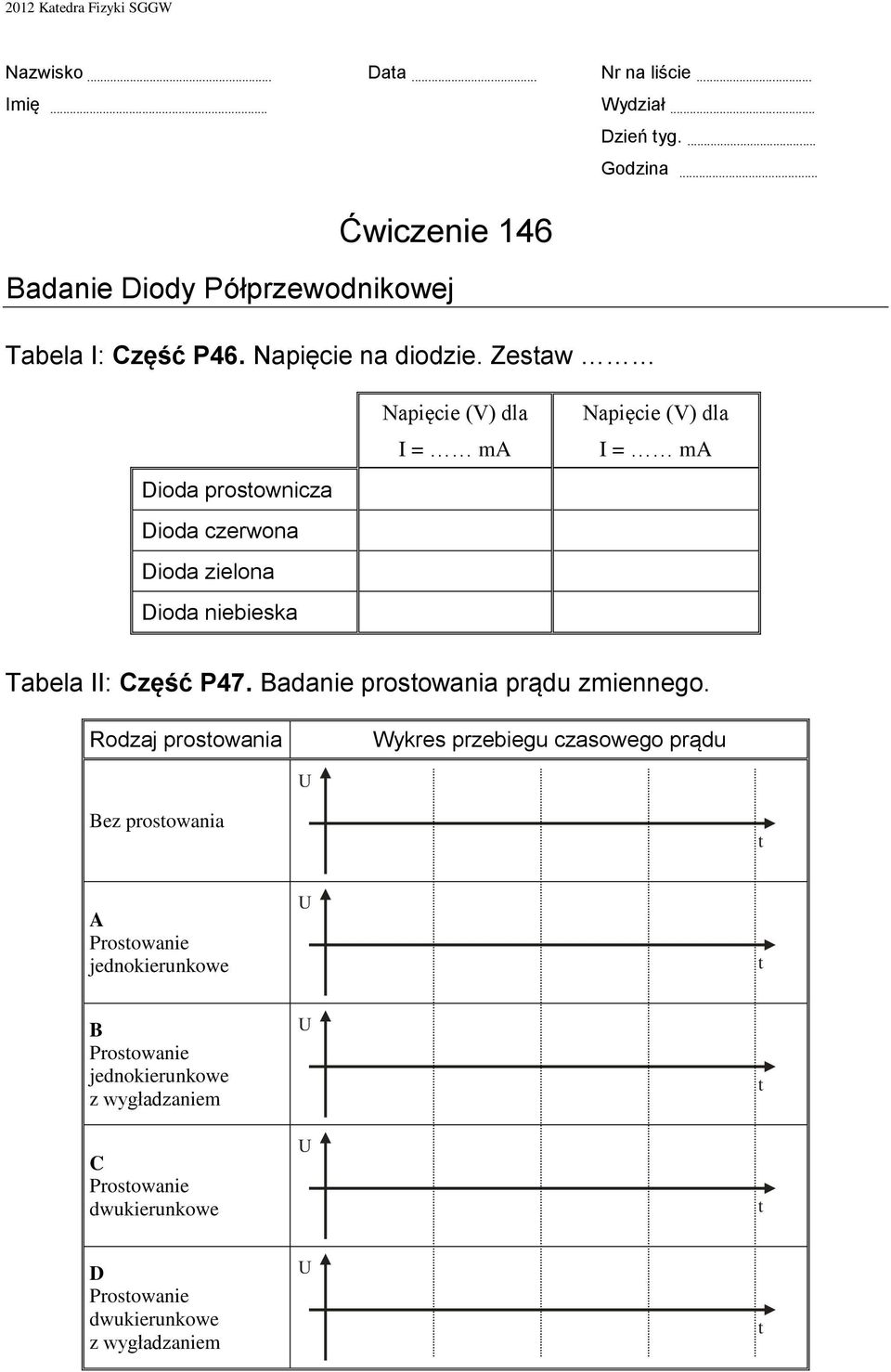Zestaw Dioda prostownicza Dioda czerwona Dioda zielona Dioda niebieska Napięcie (V) dla I = ma Napięcie (V) dla I = ma Tabela II: Część P47.