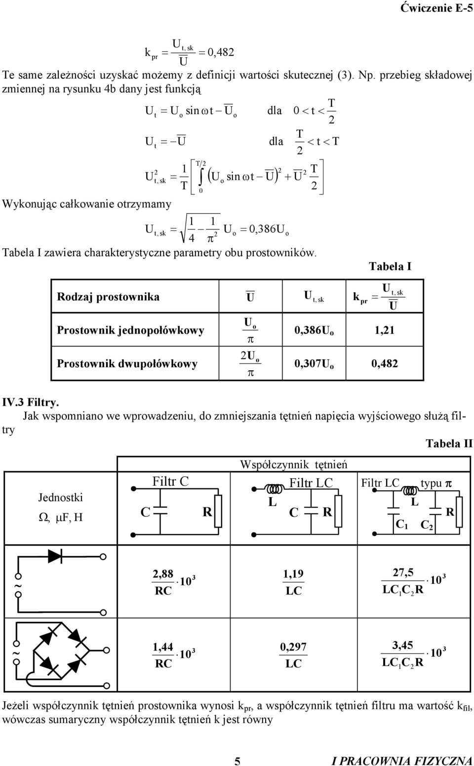 prswników. Rdzaj prswnika, k pr abela I, = Prswnik jednpłówkwy Prswnik dwupłówkwy π π,86,,7,8 IV. Filry.