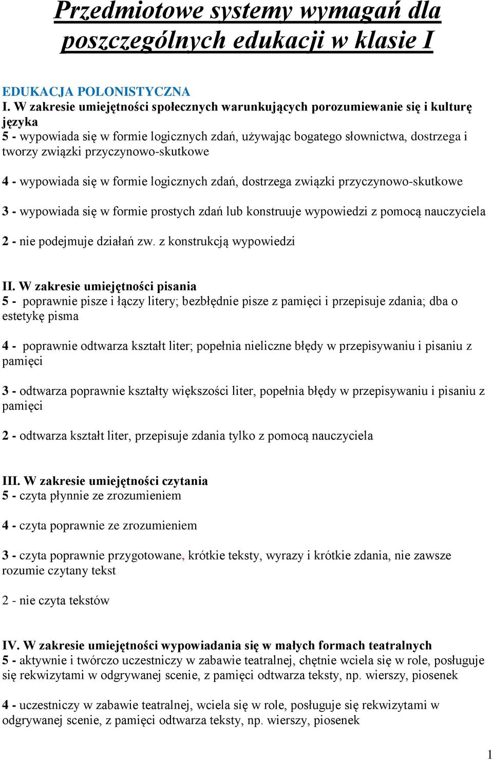 przyczynowo-skutkowe 4 - wypowiada się w formie logicznych zdań, dostrzega związki przyczynowo-skutkowe 3 - wypowiada się w formie prostych zdań lub konstruuje wypowiedzi z pomocą nauczyciela 2 - nie