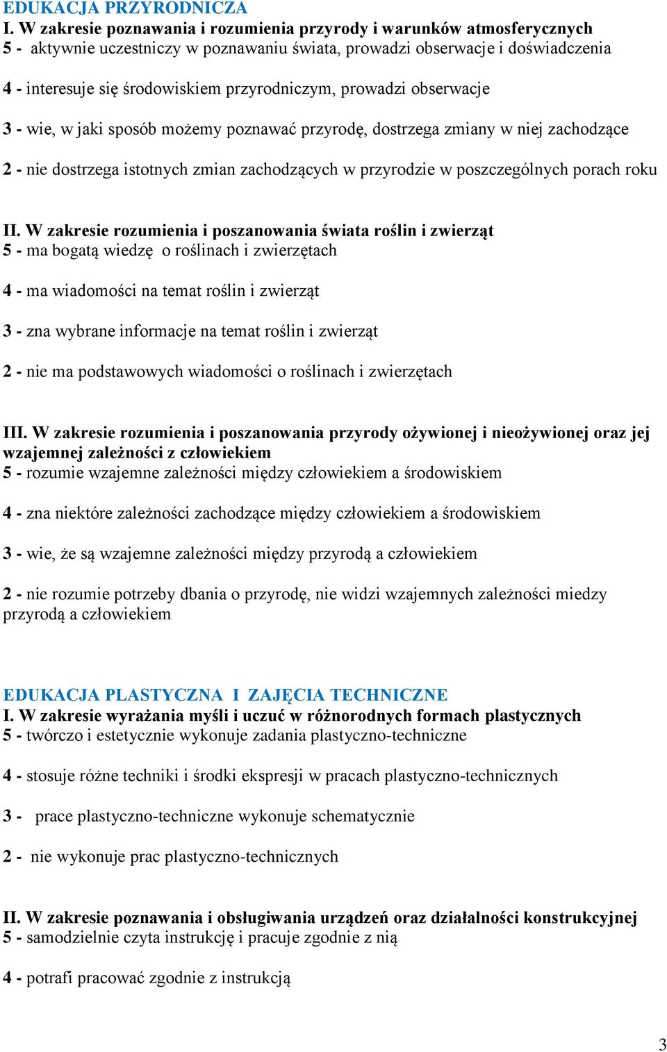 prowadzi obserwacje 3 - wie, w jaki sposób możemy poznawać przyrodę, dostrzega zmiany w niej zachodzące 2 - nie dostrzega istotnych zmian zachodzących w przyrodzie w poszczególnych porach roku II.