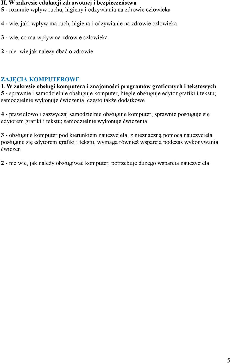 W zakresie obsługi komputera i znajomości programów graficznych i tekstowych 5 - sprawnie i samodzielnie obsługuje komputer; biegle obsługuje edytor grafiki i tekstu; samodzielnie wykonuje ćwiczenia,