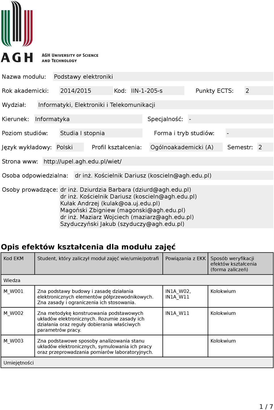 Kościelnik Dariusz (koscieln@agh.edu.pl) Osoby prowadzące: dr inż. Dziurdzia Barbara (dziurd@agh.edu.pl) dr inż. Kościelnik Dariusz (koscieln@agh.edu.pl) Kułak Andrzej (kulak@oa.uj.edu.pl) Magoński Zbigniew (magonski@agh.