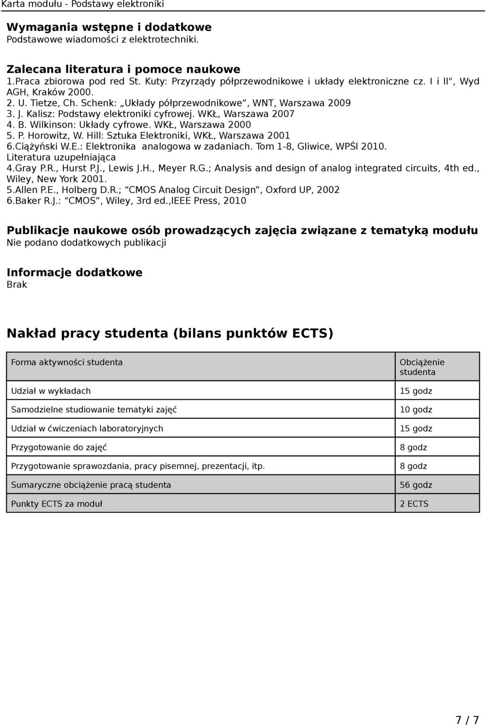 WKŁ, Warszawa 2000 5. P. Horowitz, W. Hill: Sztuka Elektroniki, WKŁ, Warszawa 2001 6.Ciążyński W.E.: Elektronika analogowa w zadaniach. Tom 1-8, Gliwice, WPŚl 2010. Literatura uzupełniająca 4.Gray P.