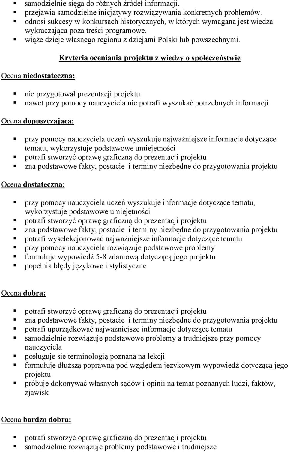 Ocena niedostateczna: Kryteria oceniania projektu z wiedzy o społeczeństwie nie przygotował prezentacji projektu nawet przy pomocy nauczyciela nie potrafi wyszukać potrzebnych informacji Ocena