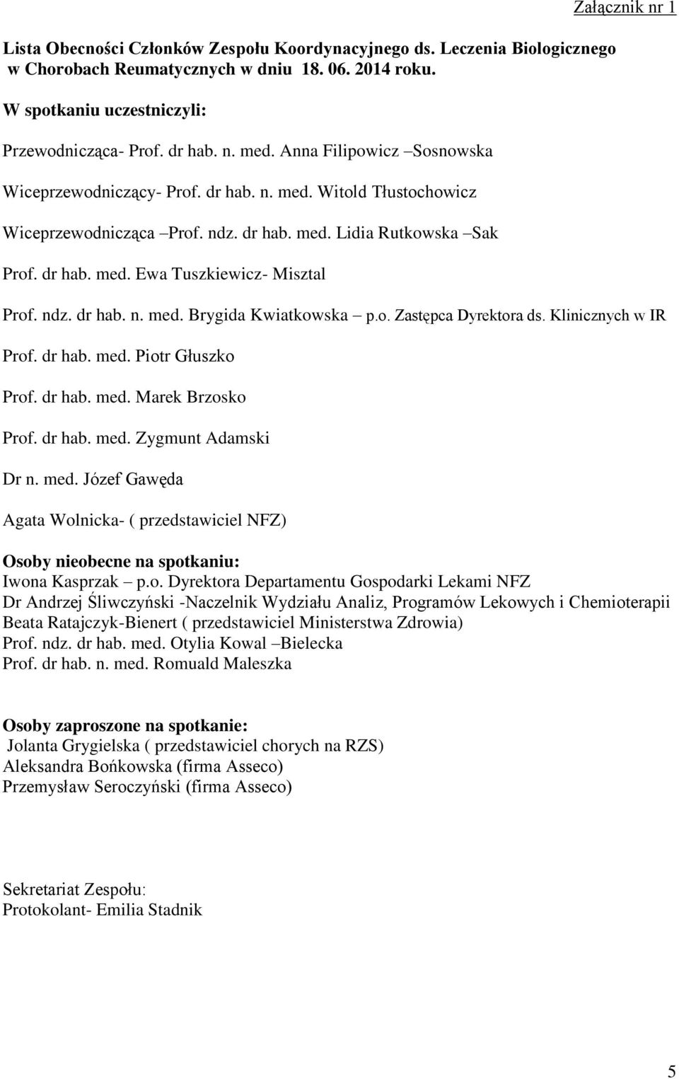 ndz. dr hab. n. med. Brygida Kwiatkowska p.o. Zastępca Dyrektora ds. Klinicznych w IR Prof. dr hab. med. Piotr Głuszko Prof. dr hab. med. Marek Brzosko Prof. dr hab. med. Zygmunt Adamski Dr n. med. Józef Gawęda Agata Wolnicka- ( przedstawiciel NFZ) Osoby nieobecne na spotkaniu: Iwona Kasprzak p.