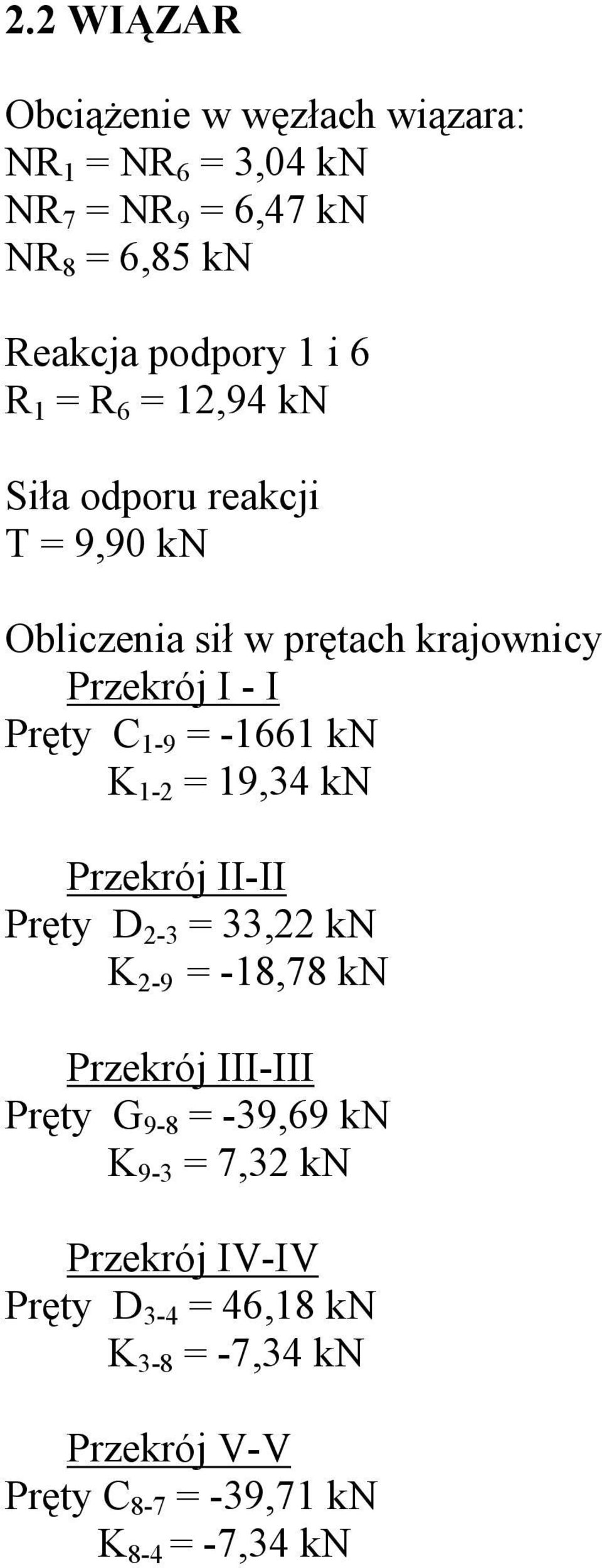 19 = 1661 kn K 12 = 19,34 kn Przekrój IIII Pręty D 23 = 33,22 kn K 29 = 18,78 kn Przekrój IIIIII Pręty G 98 = 39,69