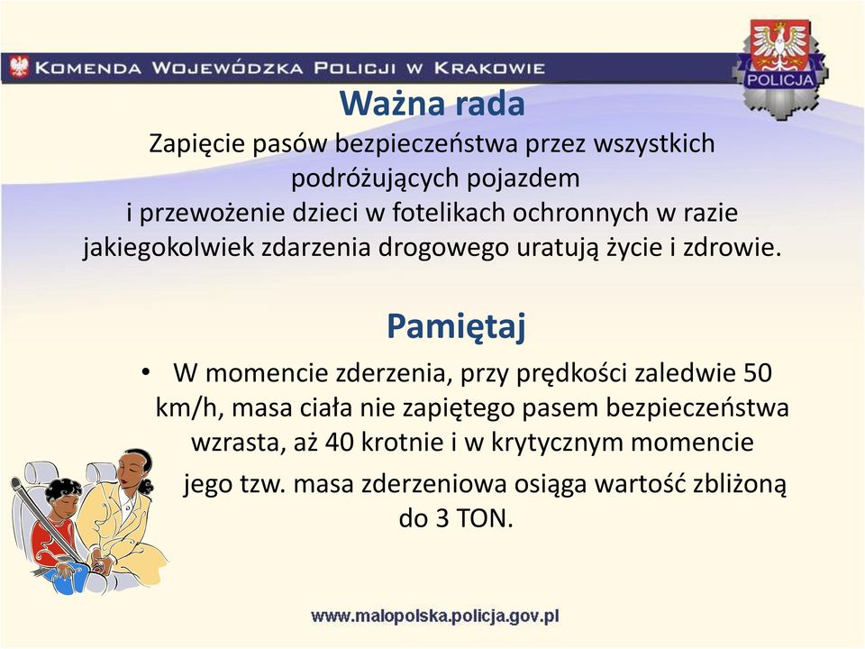 Pamiętaj W momencie zderzenia, przy prędkości zaledwie 50 km/h, masa ciała nie zapiętego pasem