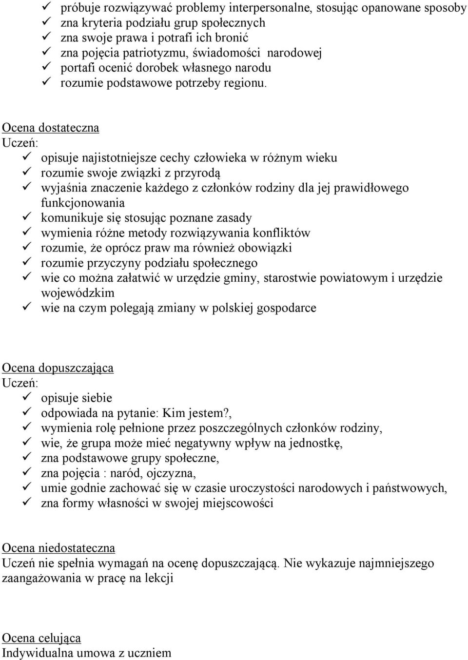 Ocena dostateczna opisuje najistotniejsze cechy człowieka w różnym wieku rozumie swoje związki z przyrodą wyjaśnia znaczenie każdego z członków rodziny dla jej prawidłowego funkcjonowania komunikuje