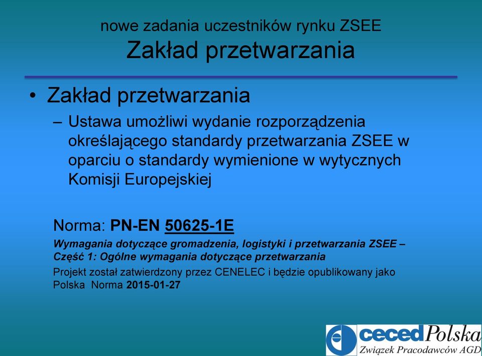 Europejskiej Norma: PN-EN 50625-1E Wymagania dotyczące gromadzenia, logistyki i przetwarzania ZSEE Część 1: