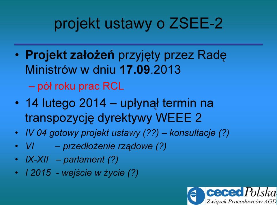 2013 pół roku prac RCL 14 lutego 2014 upłynął termin na transpozycję