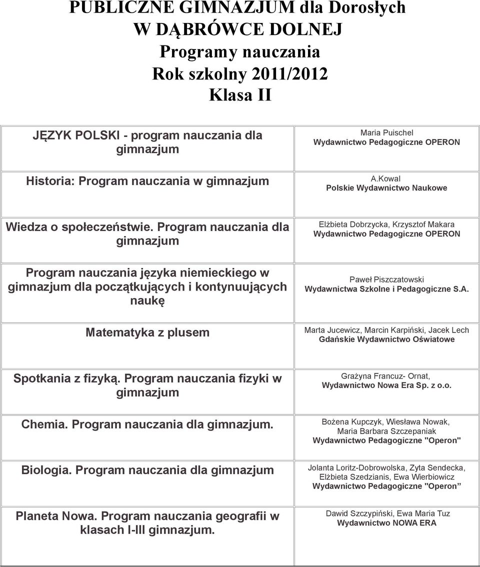 Program nauczania dla Program nauczania języka niemieckiego w dla początkujących i kontynuujących naukę Matematyka z plusem Elżbieta Dobrzycka, Krzysztof Makara Paweł Piszczatowski Marta Jucewicz,