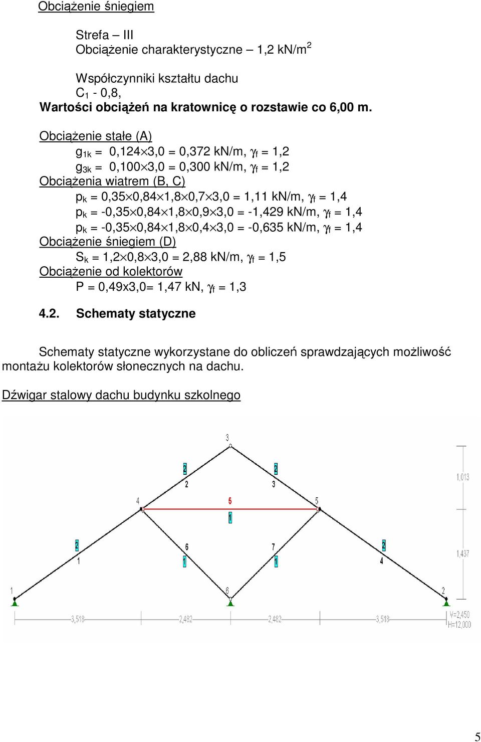 -0,35 0,84 1,8 0,9 3,0 = -1,49 k/m, γ f = 1,4 p k = -0,35 0,84 1,8 0,4 3,0 = -0,635 k/m, γ f = 1,4 ObciąŜenie śniegiem (D) S k = 1, 0,8 3,0 =,88 k/m, γ f = 1,5 ObciąŜenie od