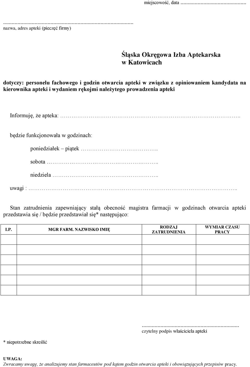 apteki i wydaniem rękojmi należytego prowadzenia apteki Informuję, że apteka:.. będzie funkcjonowała w godzinach: poniedziałek piątek.. sobota.. niedziela.. uwagi :.