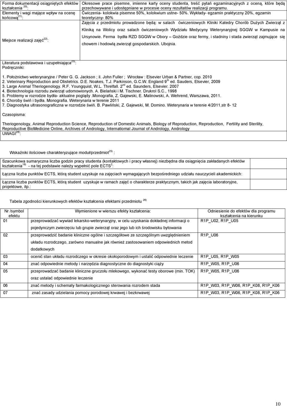 Wykłady- egzamin praktyczny 20%, egzamin teoretyczny- 80% Zajęcia z przedmiotu prowadzone będą: w salach ćwiczeniowych Kliniki Katedry Chorób Dużych Zwierząt z Kliniką na Wolicy oraz salach