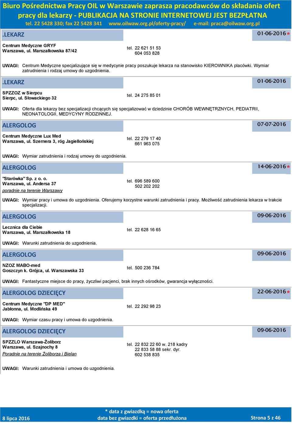 01-06-2016 SPZZOZ w Sierpcu Sierpc, ul. Słowackiego 32 tel.
