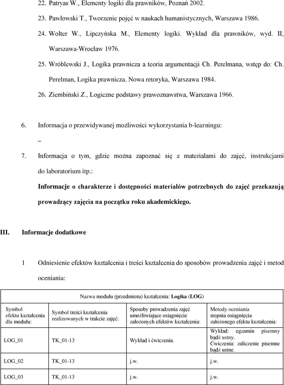 , Logiczne podstawy prawoznawstwa, Warszawa 1966. 6. Informacja o przewidywanej możliwości wykorzystania b-learningu: 7.