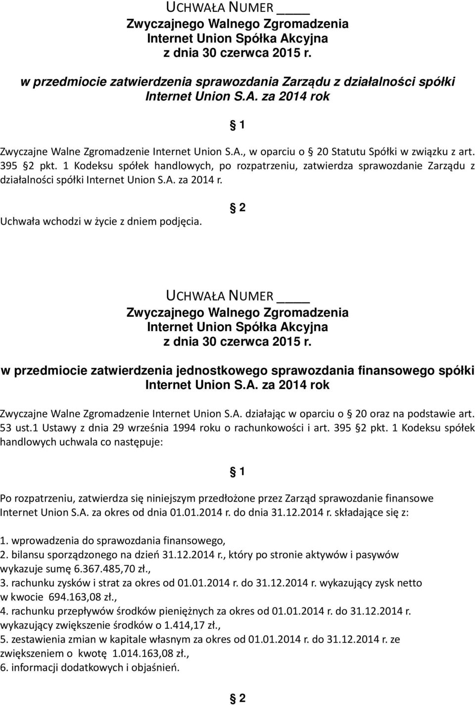 w przedmiocie zatwierdzenia jednostkowego sprawozdania finansowego spółki Internet Union S.A. za 2014 rok Zwyczajne Walne Zgromadzenie Internet Union S.A. działając w oparciu o 0 oraz na podstawie art.