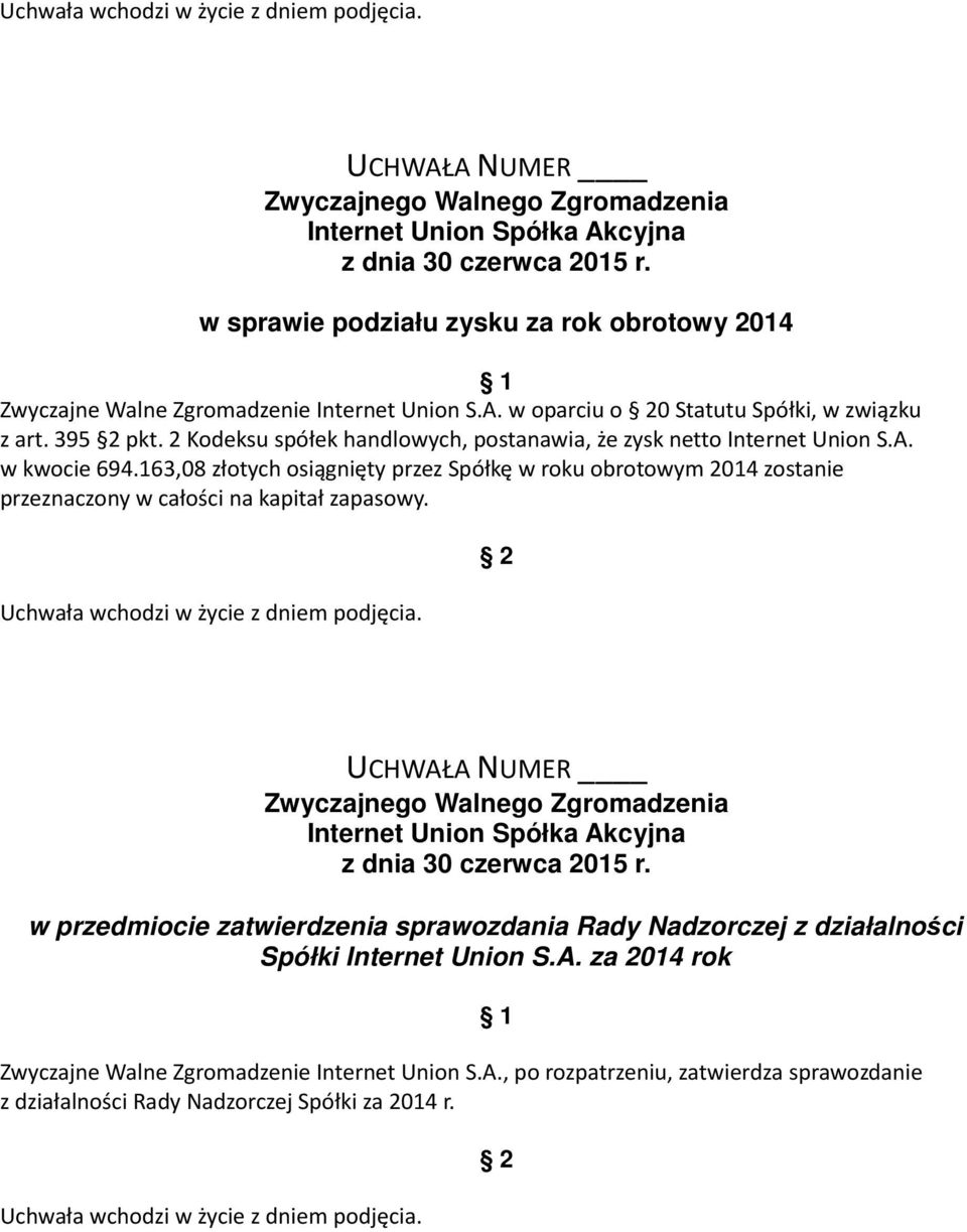 163,08 złotych osiągnięty przez Spółkę w roku obrotowym 2014 zostanie przeznaczony w całości na kapitał zapasowy.