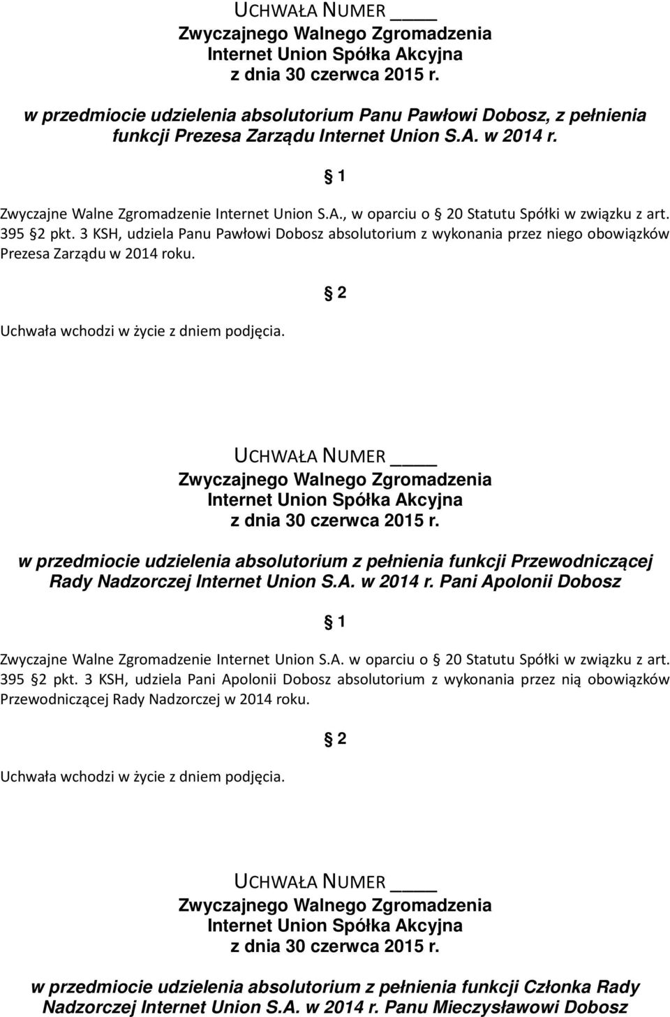 w przedmiocie udzielenia absolutorium z pełnienia funkcji Przewodniczącej Rady Nadzorczej Internet Union S.A. w 2014 r. Pani Apolonii Dobosz Zwyczajne Walne Zgromadzenie Internet Union S.A. w oparciu o 0 Statutu Spółki w związku z art.