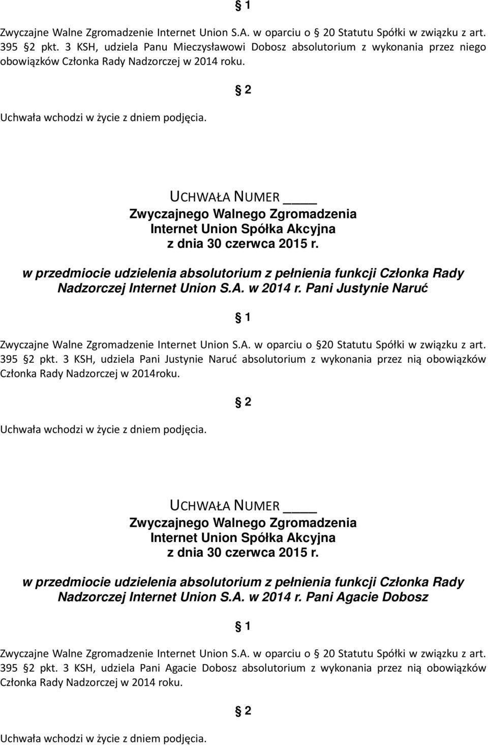 A. w oparciu o 20 Statutu Spółki w związku z art. 395 2 pkt. 3 KSH, udziela Pani Justynie Naruć absolutorium z wykonania przez nią obowiązków Członka Rady Nadzorczej w 2014roku.