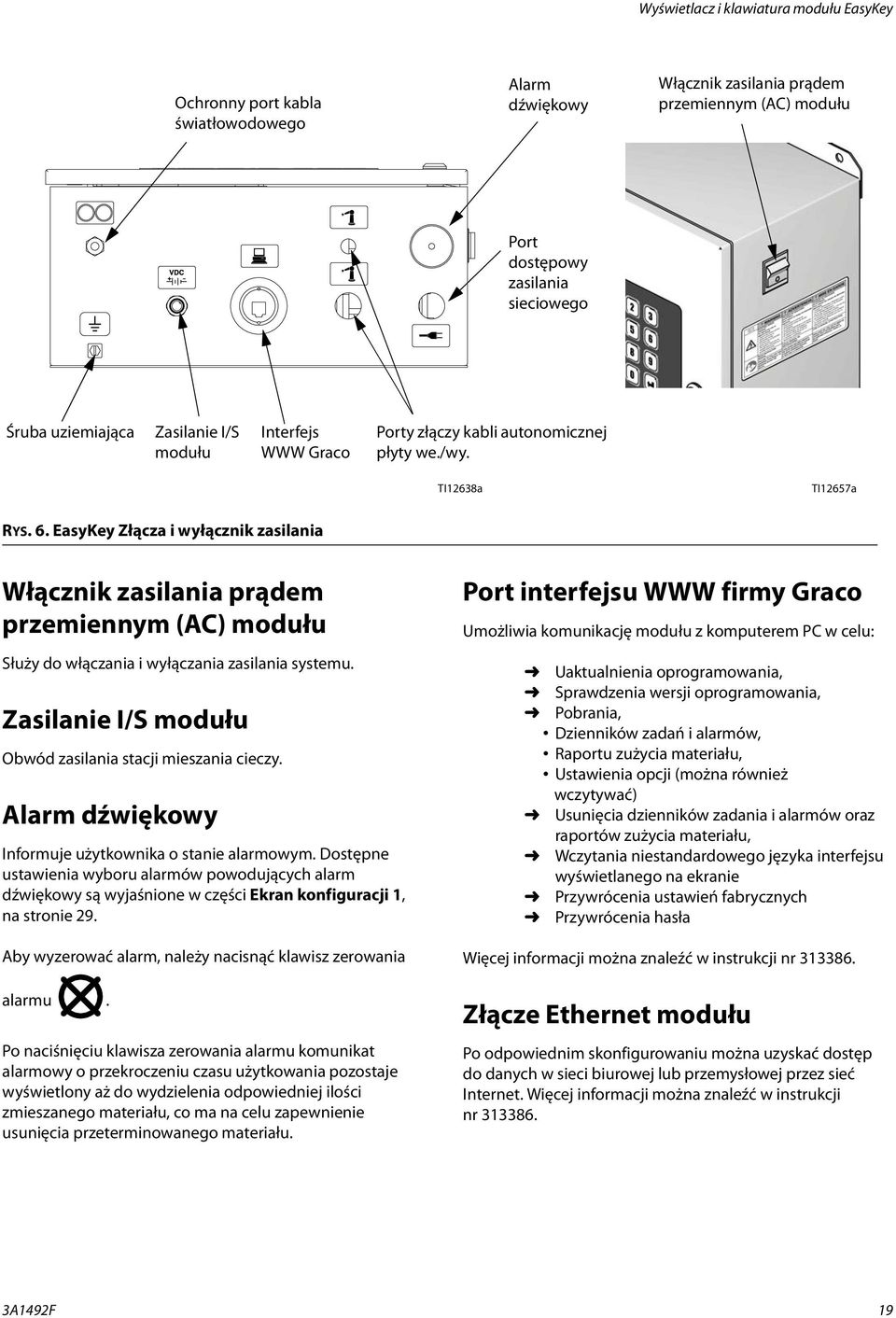 EasyKey Złącza i wyłącznik zasilania Włącznik zasilania prądem przemiennym (AC) modułu Służy do włączania i wyłączania zasilania systemu. Zasilanie I/S modułu Obwód zasilania stacji mieszania cieczy.