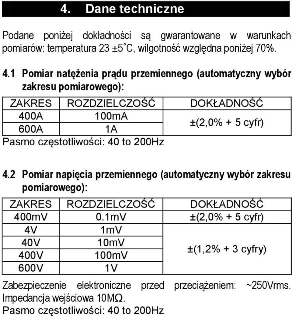 częstotliwości: 40 to 200Hz 4.2 Pomiar napięcia przemiennego (automatyczny wybór zakresu pomiarowego): ZAKRES ROZDZIELCZOŚĆ DOKŁADNOŚĆ 400mV 0.