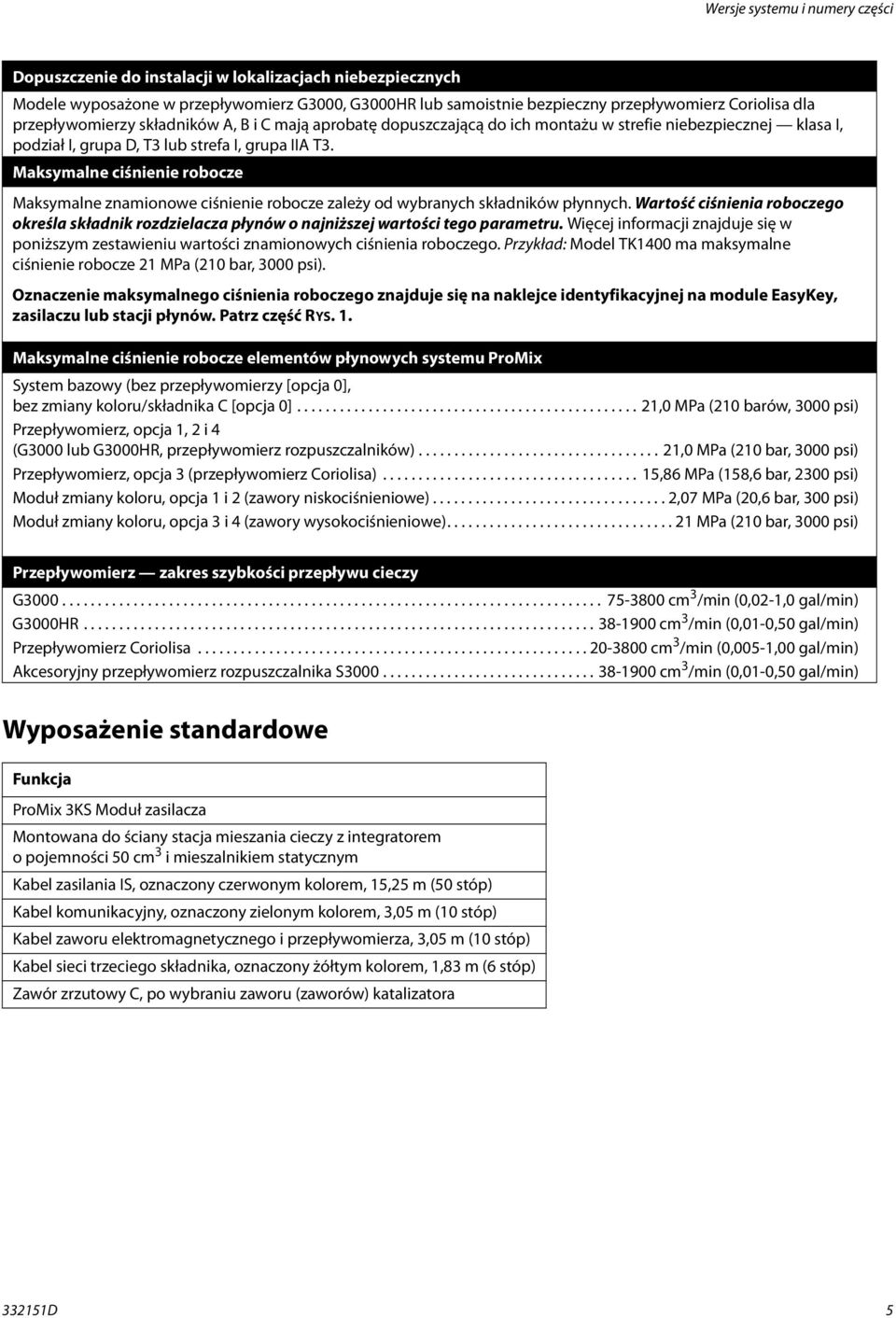 Maksymalne ciśnienie robocze Maksymalne znamionowe ciśnienie robocze zależy od wybranych składników płynnych.