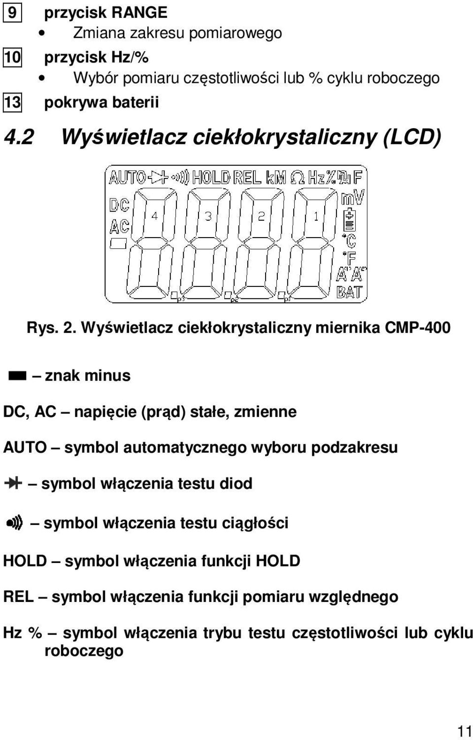Wyświetlacz ciekłokrystaliczny miernika CMP-400 znak minus DC, AC napięcie (prąd) stałe, zmienne AUTO symbol automatycznego wyboru