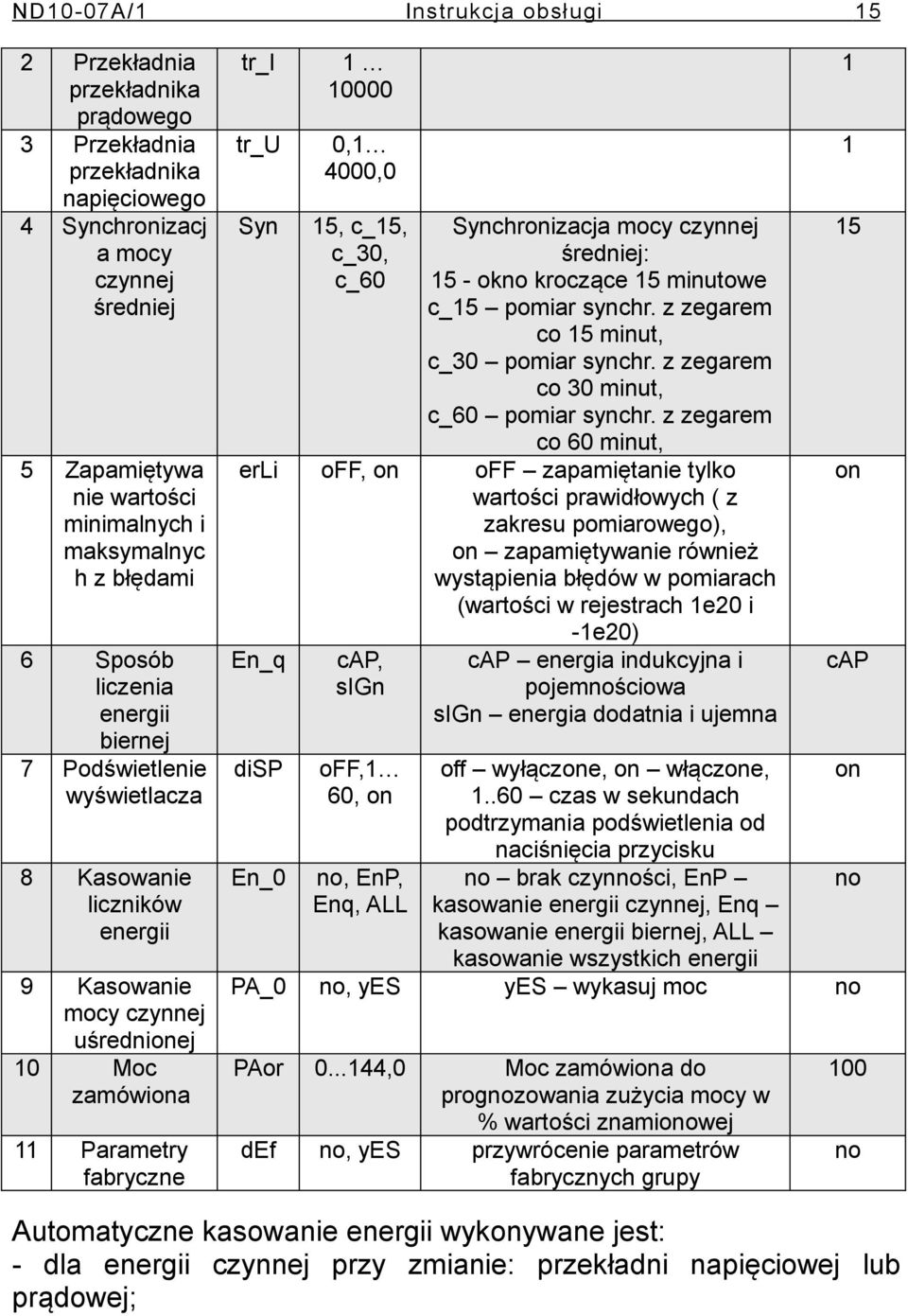 1 tr_u Syn,1 4, 15, c_15, c_3, c_6 Synchronizacja mocy czynnej średniej: 15 - okno kroczące 15 minutowe c_15 pomiar synchr. z zegarem co 15 minut, c_3 pomiar synchr.