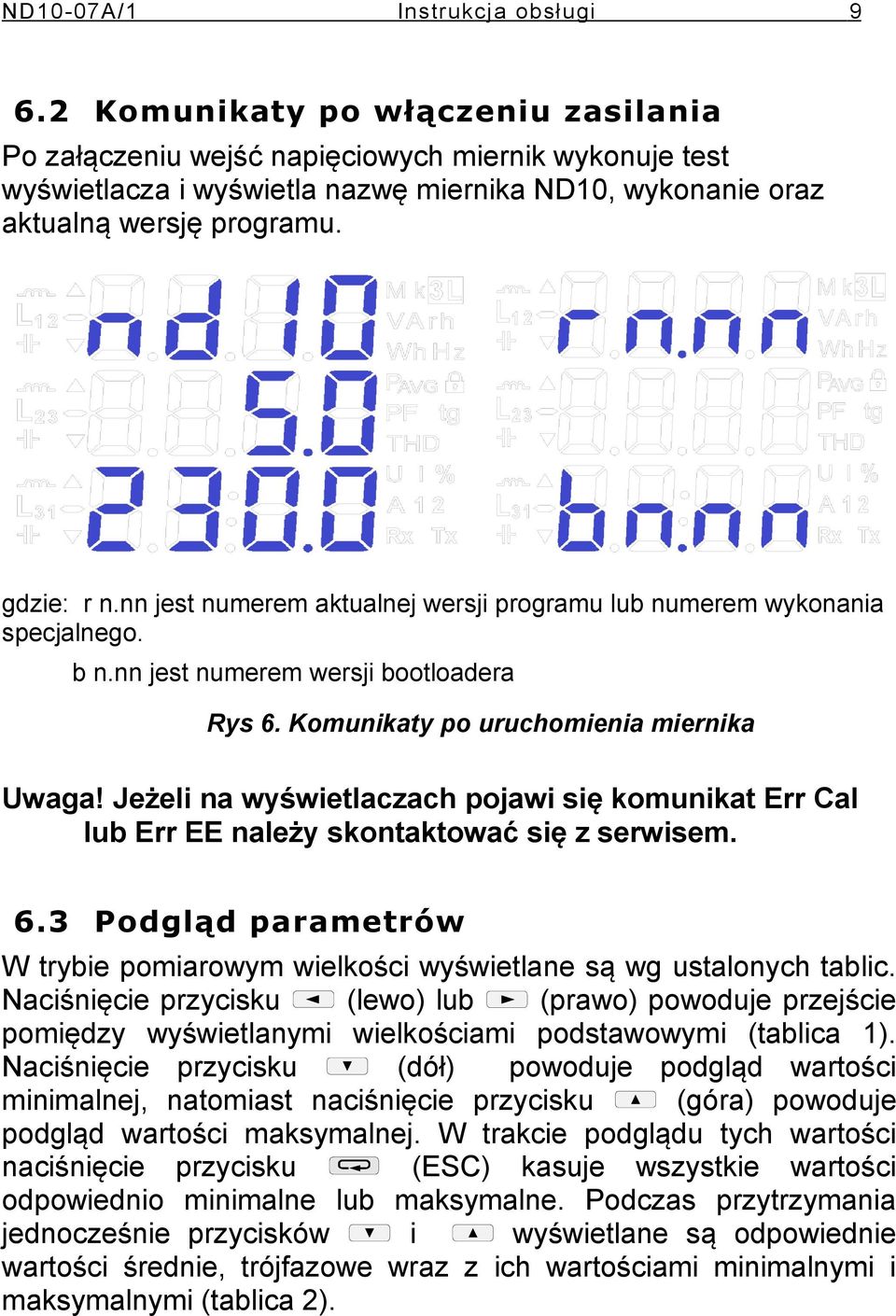 nn jest numerem aktualnej wersji programu lub numerem wykonania specjalnego. b n.nn jest numerem wersji bootloadera Rys 6. Komunikaty po uruchomienia miernika Uwaga!