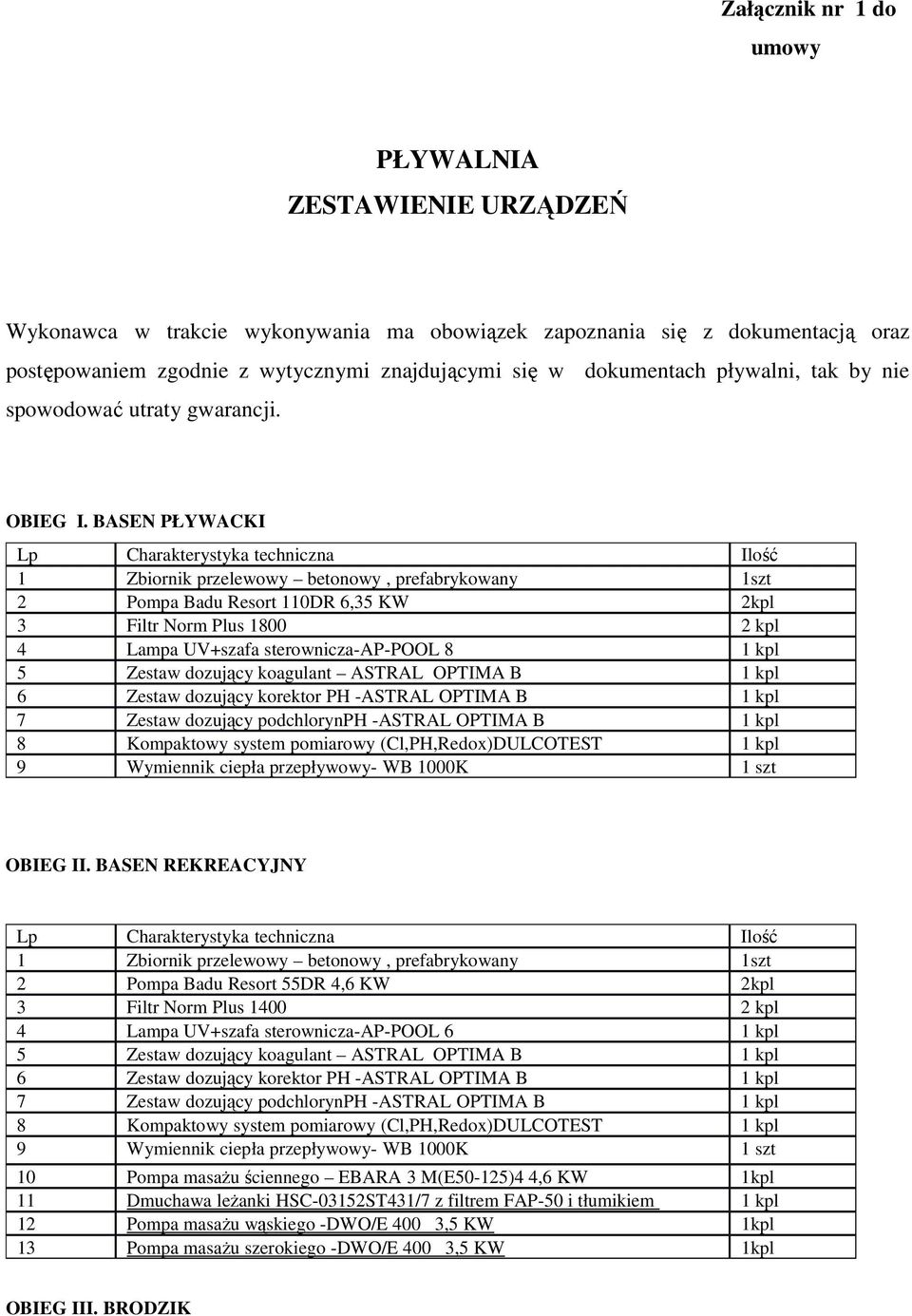 BASEN PŁYWACKI Lp Charakterystyka techniczna Ilość 1 Zbiornik przelewowy betonowy, prefabrykowany 1szt 2 Pompa Badu Resort 110DR 6,35 KW 2kpl 3 Filtr Norm Plus 1800 2 kpl 4 Lampa UV+szafa