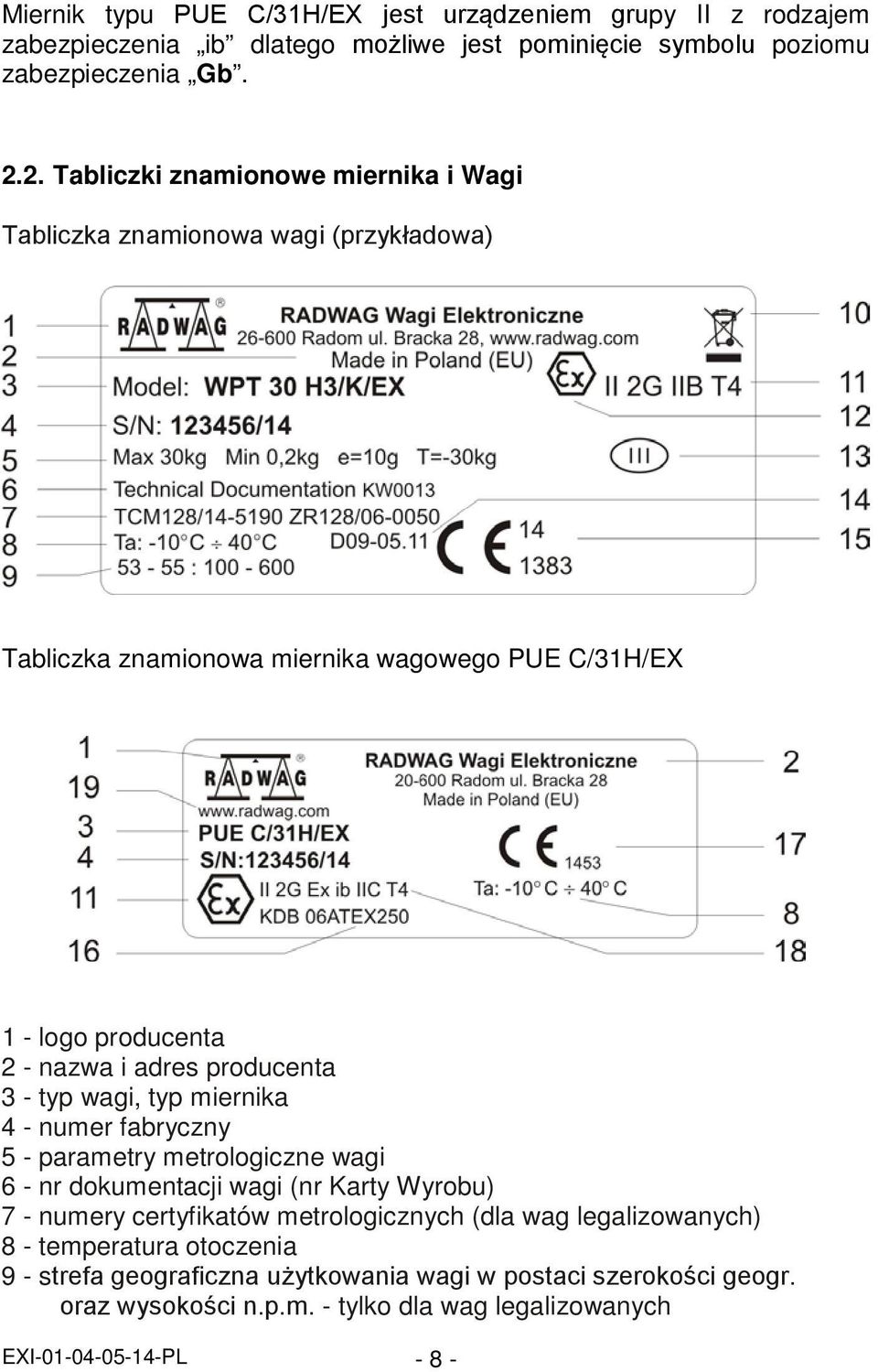 producenta 3 - typ wagi, typ miernika 4 - numer fabryczny 5 - parametry metrologiczne wagi 6 - nr dokumentacji wagi (nr Karty Wyrobu) 7 - numery certyfikatów