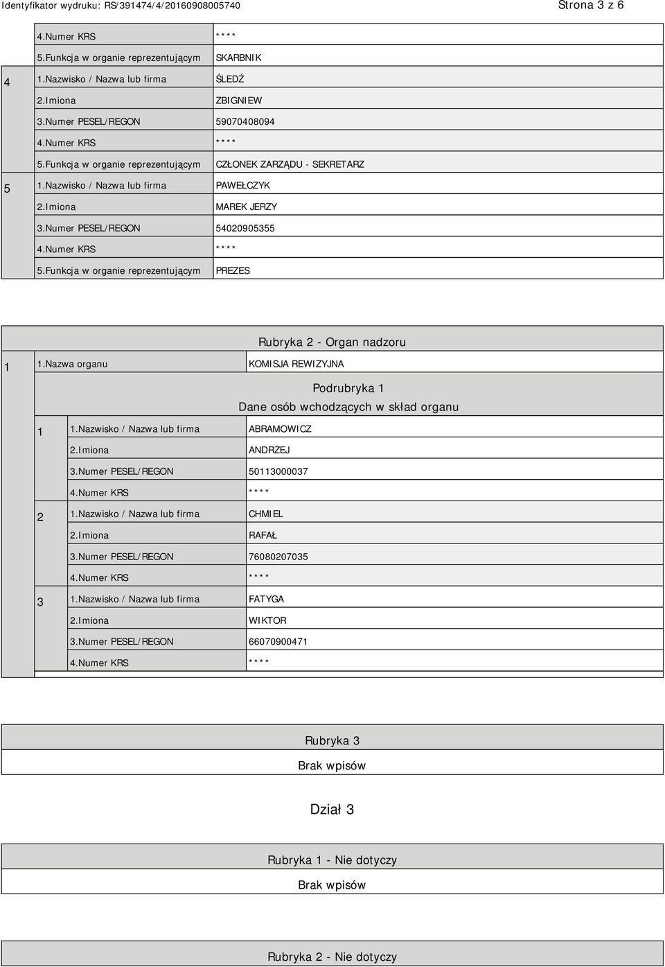 Nazwa organu KOMISJA REWIZYJNA Podrubryka 1 Dane osób wchodzących w skład organu 1 1.Nazwisko / Nazwa lub firma ABRAMOWICZ ANDRZEJ 3.