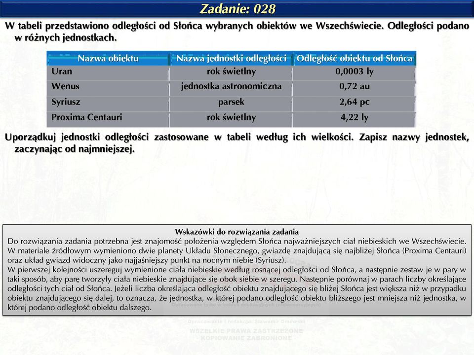 Uporządkuj jednostki odległości zastosowane w tabeli według ich wielkości. Zapisz nazwy jednostek, zaczynając od najmniejszej.