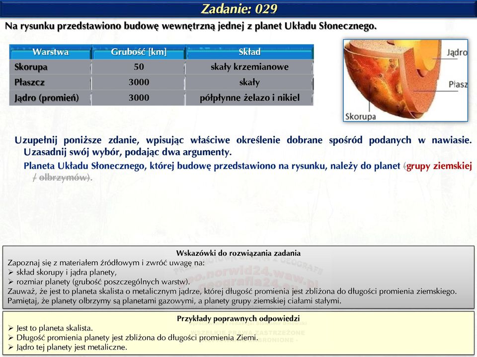 podanych w nawiasie. Uzasadnij swój wybór, podając dwa argumenty. Planeta Układu Słonecznego, której budowę przedstawiono na rysunku, należy do planet (grupy ziemskiej / olbrzymów).