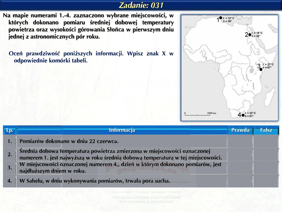 pór roku. Oceń prawdziwość poniższych informacji. Wpisz znak X w odpowiednie komórki tabeli. Lp. Informacja Prawda Fałsz 1. Pomiarów dokonano w dniu 22 czerwca. 2. 3.