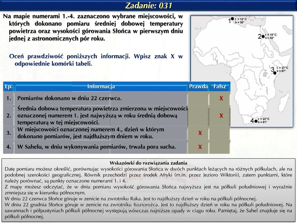 Oceń prawdziwość poniższych informacji. Wpisz znak X w odpowiednie komórki tabeli. Lp. Informacja Prawda Fałsz 1. Pomiarów dokonano w dniu 22 czerwca. X 2. 3.