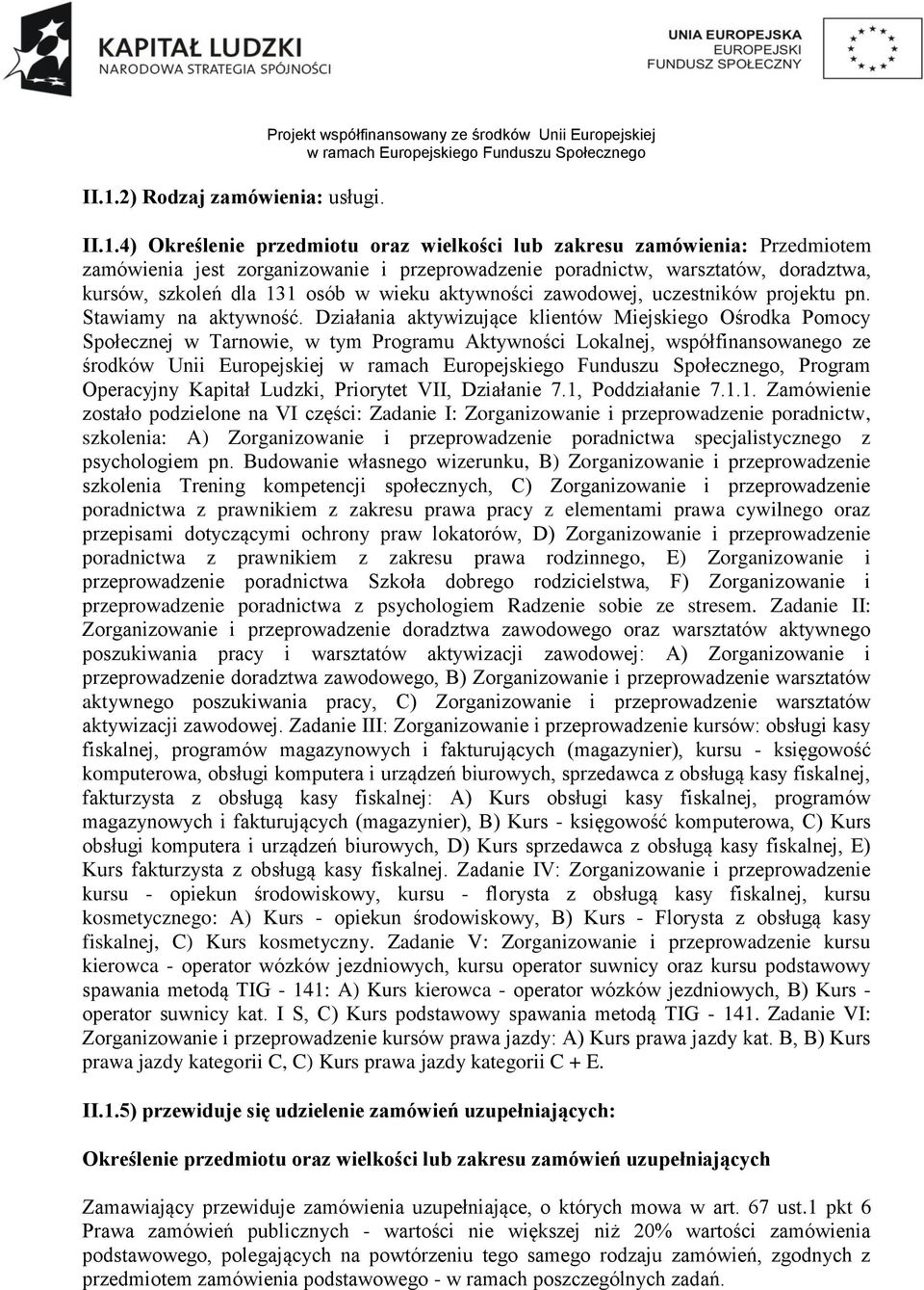 Działania aktywizujące klientów Miejskiego Ośrodka Pomocy Społecznej w Tarnowie, w tym Programu Aktywności Lokalnej, współfinansowanego ze środków Unii Europejskiej, Program Operacyjny Kapitał