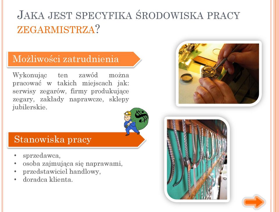 jak: serwisy zegarów, firmy produkujące zegary, zakłady naprawcze, sklepy